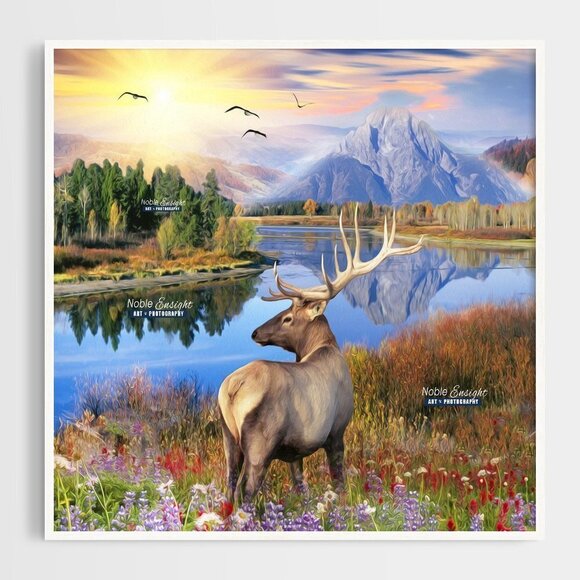NobleCaptures Other - 8x8 Landscape Elk Sunset Floral Wall Art Watercolor Oil Painting‎ Art Print